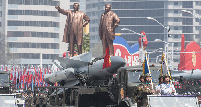 Зенитно-ракетный комплекс (ЗРК) С-200 Корейской народной армии во время парада, приуроченного к 105-й годовщине со дня рождения основателя северокорейского государства Ким Ир Сена, в Пхеньяне